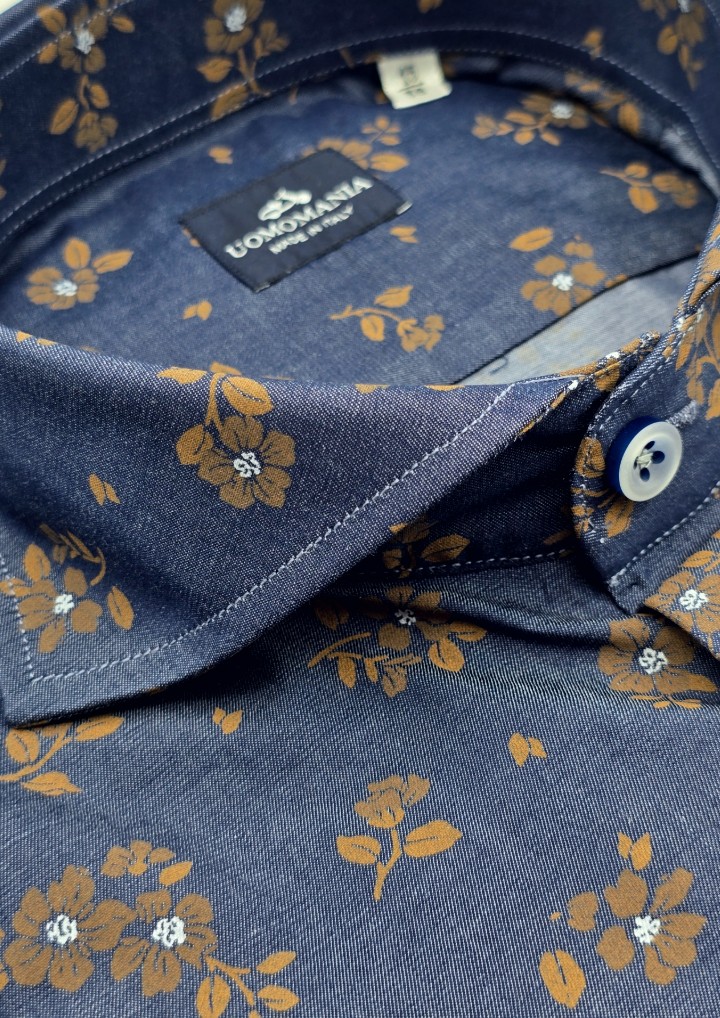 Detalle cuello italiano Camisa hombre Denim Fiori