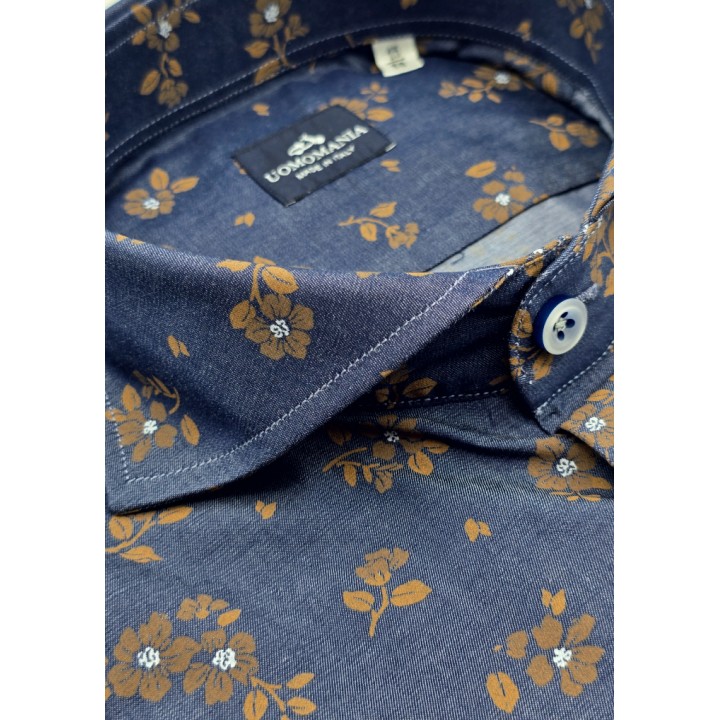 Detalle cuello italiano Camisa hombre Denim Fiori